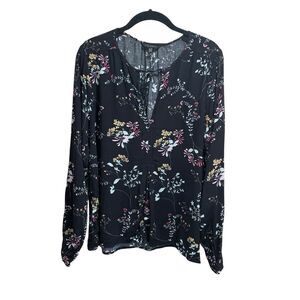 Lucky Brand Womens Black Floral Long Sleeve Keyhole Tie Front Top Whimsygoth